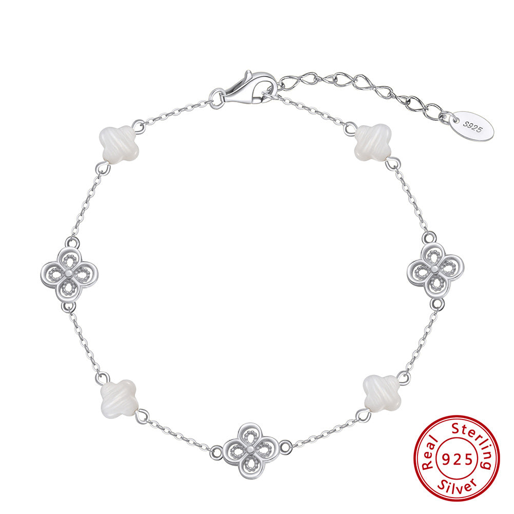 Elegant Clover & Shell Flower Sterling Silver Bracelet