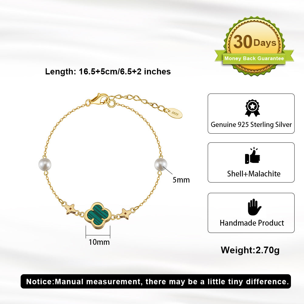 Malachite Clover Bracelet with Pearl and Star Accents