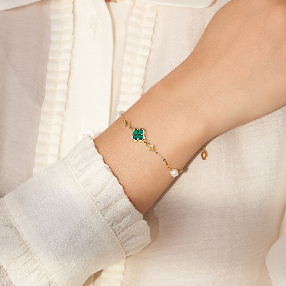 Malachite Clover Bracelet with Pearl and Star Accents