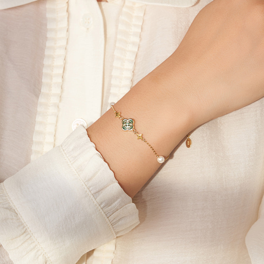 Malachite Clover Bracelet with Pearl and Star Accents
