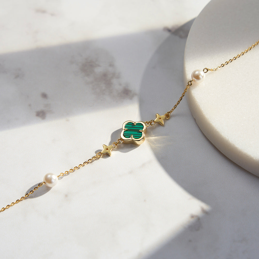 Malachite Clover Bracelet with Pearl and Star Accents