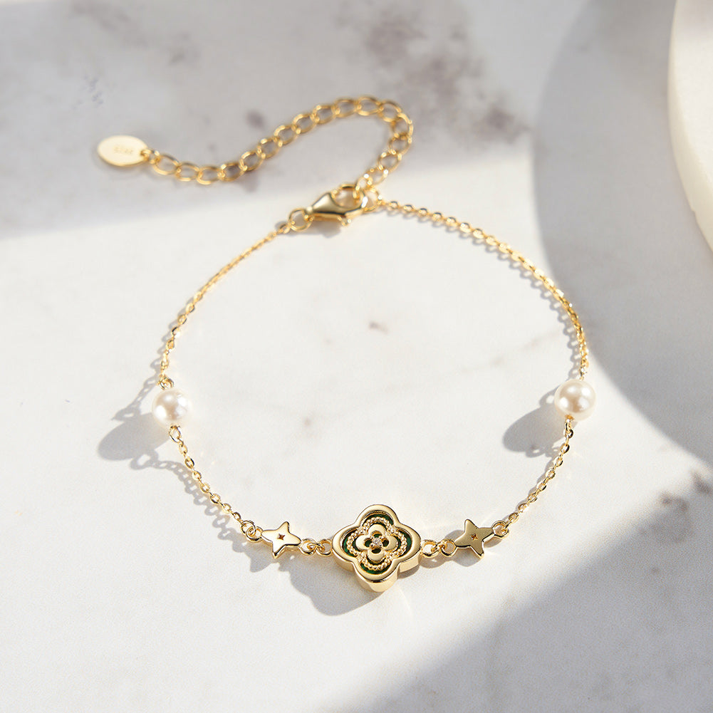 Malachite Clover Bracelet with Pearl and Star Accents