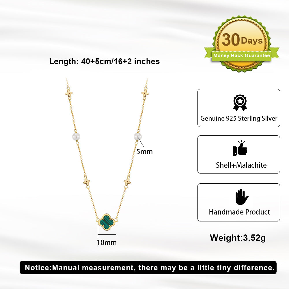 Elegant Malachite Clover & Pearl Necklace