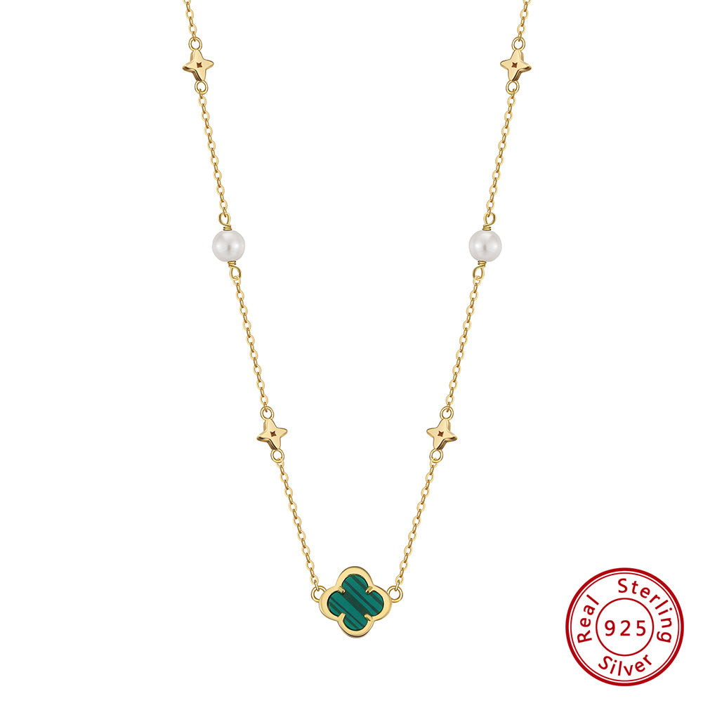Elegant Malachite Clover & Pearl Necklace