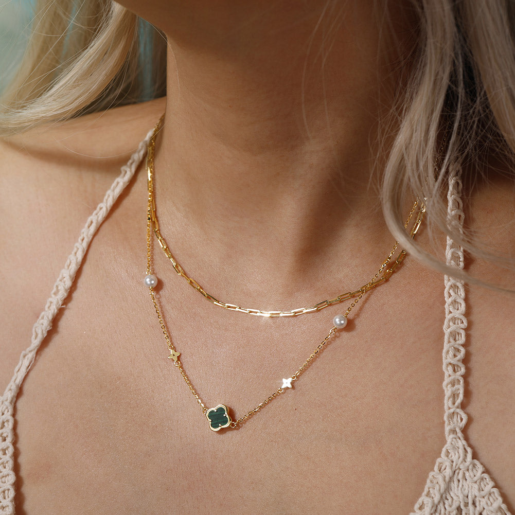 Elegant Malachite Clover & Pearl Necklace