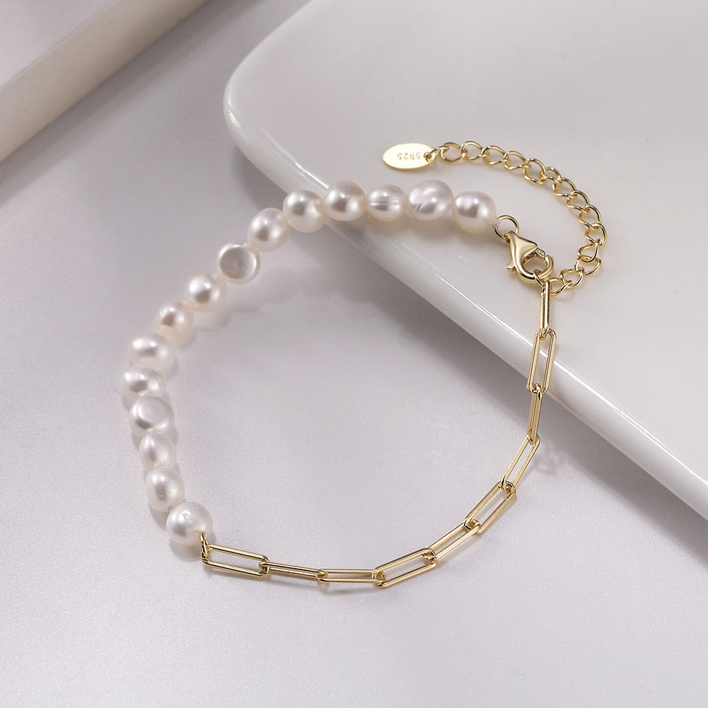 Asymmetric Freshwater Pearl & Paperclip Chain Bracelet