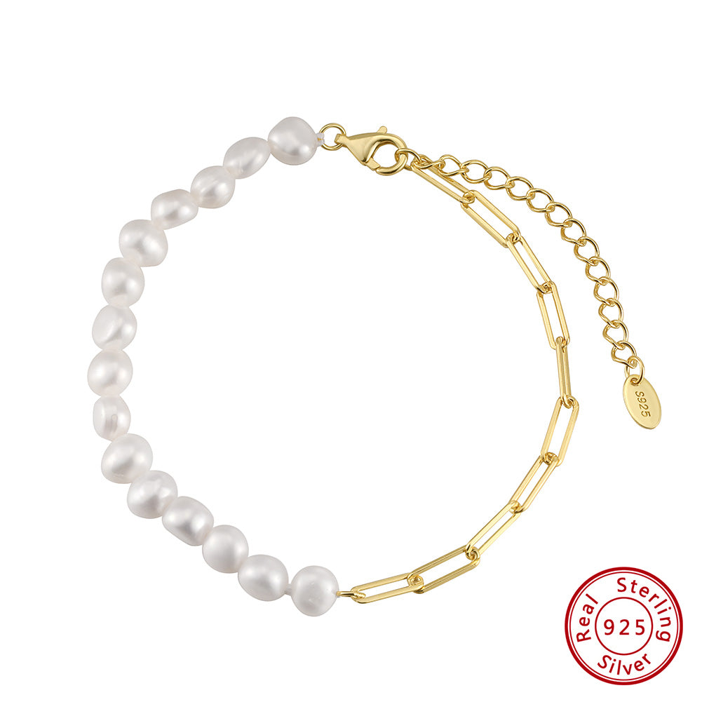Asymmetric Freshwater Pearl & Paperclip Chain Bracelet