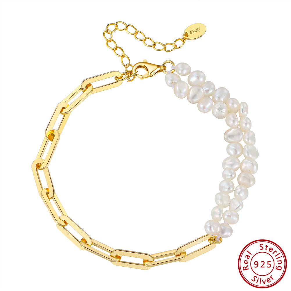 Double Strand Freshwater Pearl & Paperclip Chain Bracelet