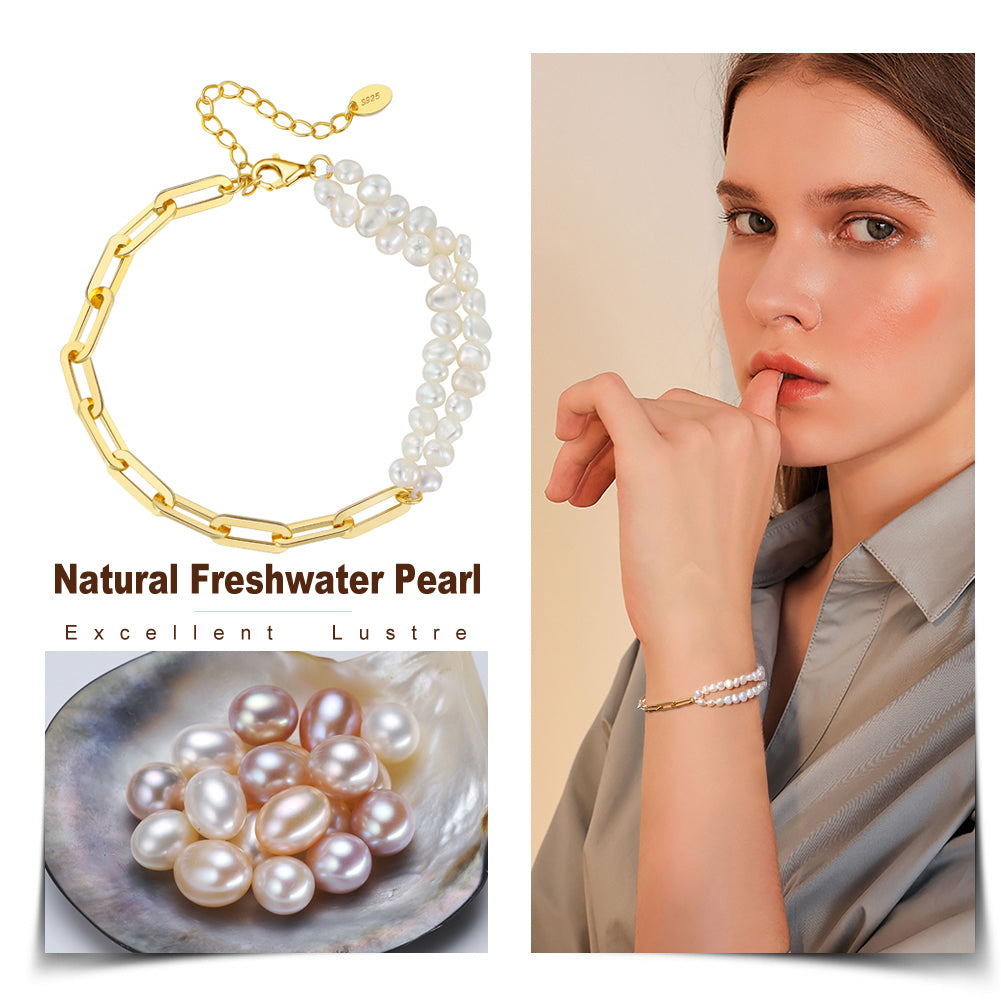 Double Strand Freshwater Pearl & Paperclip Chain Bracelet