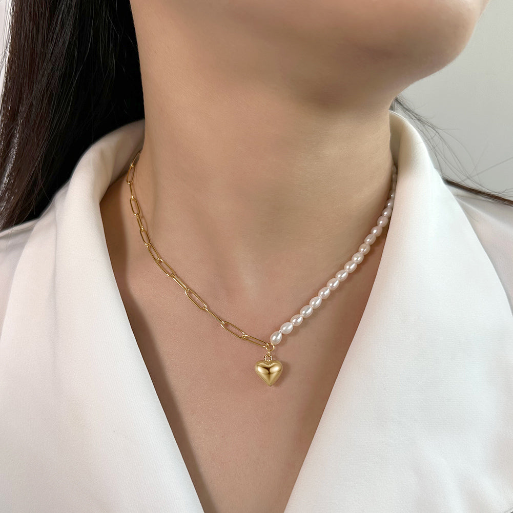 Half Pearl, Half Chain Necklace with Gold Heart Pendant