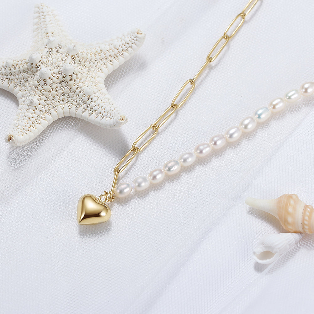 Half Pearl, Half Chain Necklace with Gold Heart Pendant