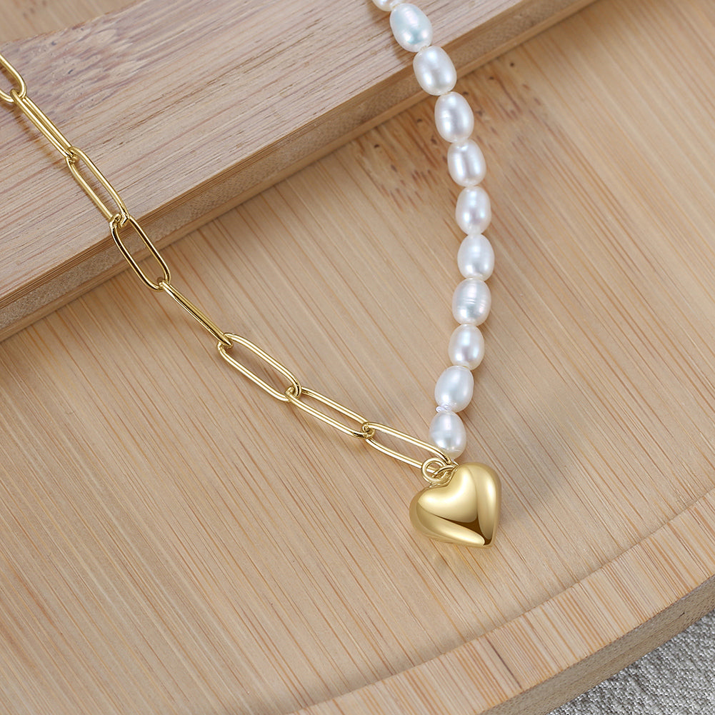 Half Pearl, Half Chain Necklace with Gold Heart Pendant