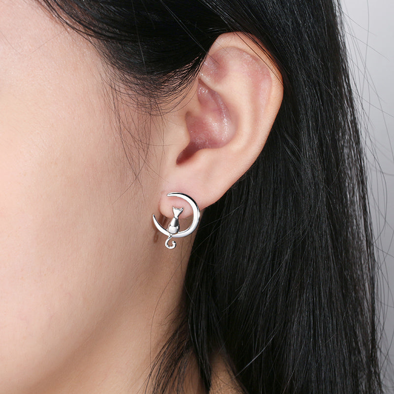 Cat on Moon Stud Earrings