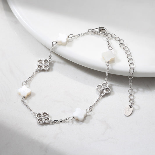 Elegant Clover & Shell Flower Sterling Silver Bracelet