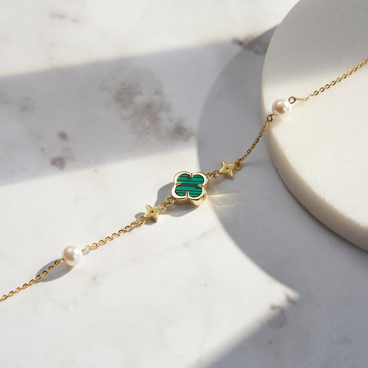 Malachite Clover Bracelet with Pearl and Star Accents