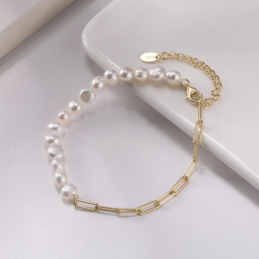 Asymmetric Freshwater Pearl & Paperclip Chain Bracelet