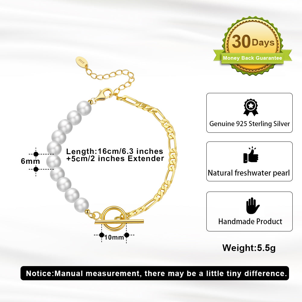 Half Pearl & Chain Bracelet with Toggle Clasp
