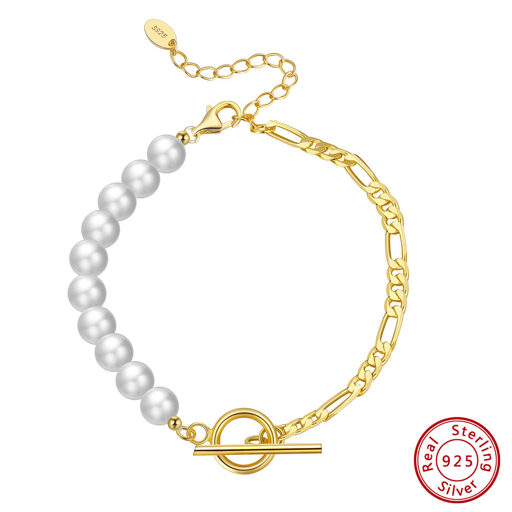 Half Pearl & Chain Bracelet with Toggle Clasp