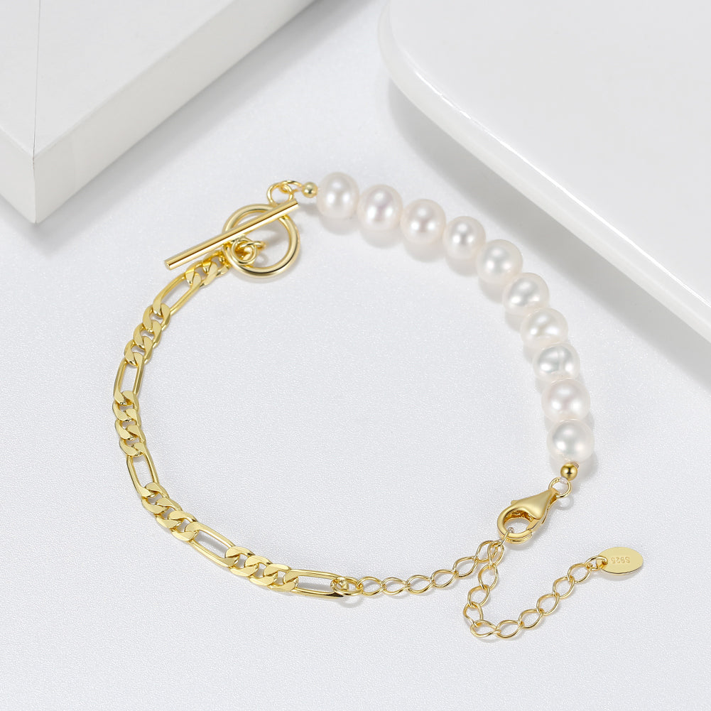 Half Pearl & Chain Bracelet with Toggle Clasp