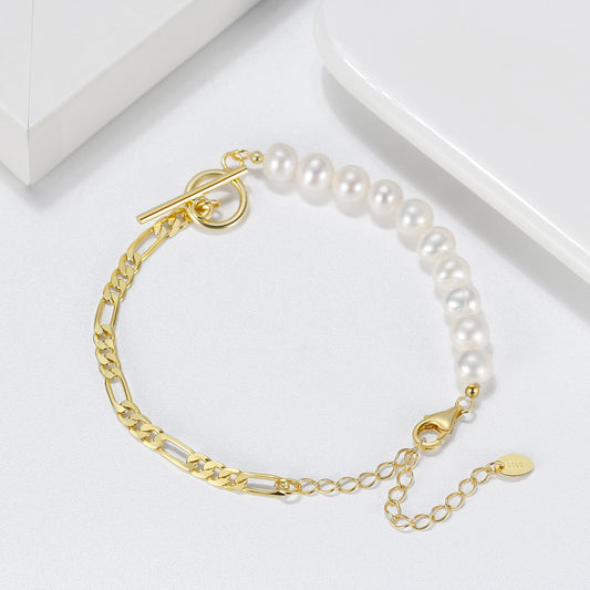 Half Pearl & Chain Bracelet with Toggle Clasp