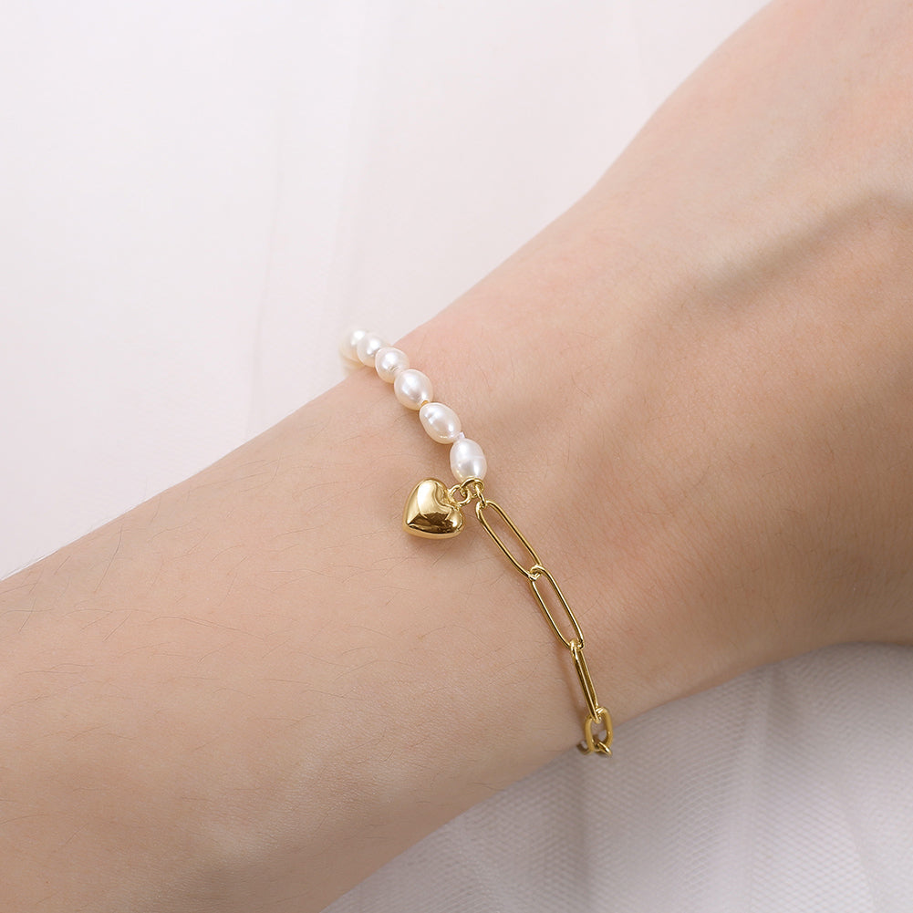 Pearl & Paperclip Chain Bracelet with Gold Heart Charm