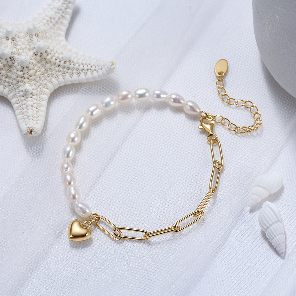 Pearl & Paperclip Chain Bracelet with Gold Heart Charm