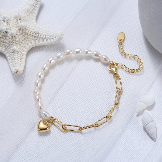 Pearl & Paperclip Chain Bracelet with Gold Heart Charm