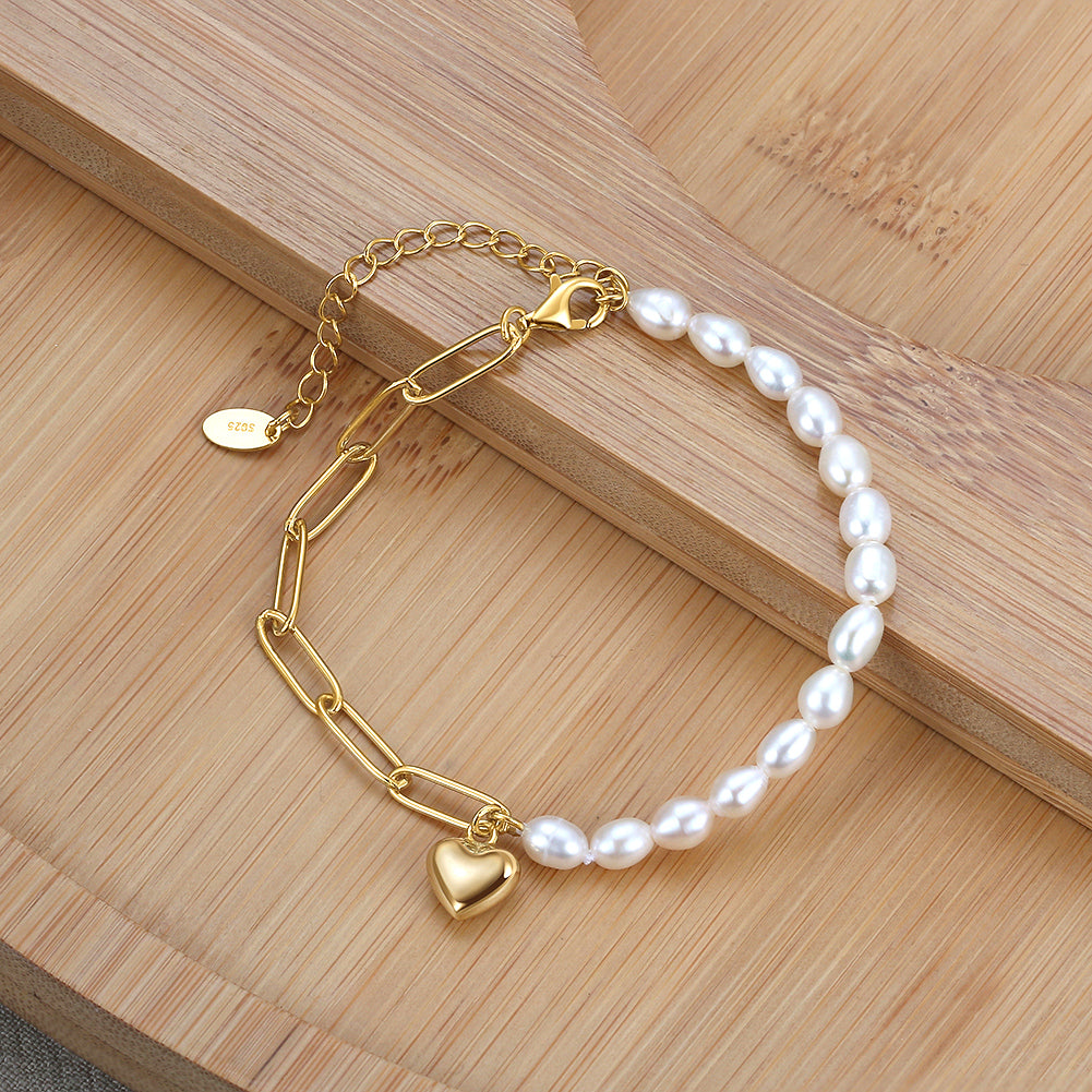Pearl & Paperclip Chain Bracelet with Gold Heart Charm
