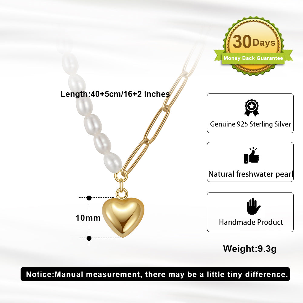Half Pearl, Half Chain Necklace with Gold Heart Pendant