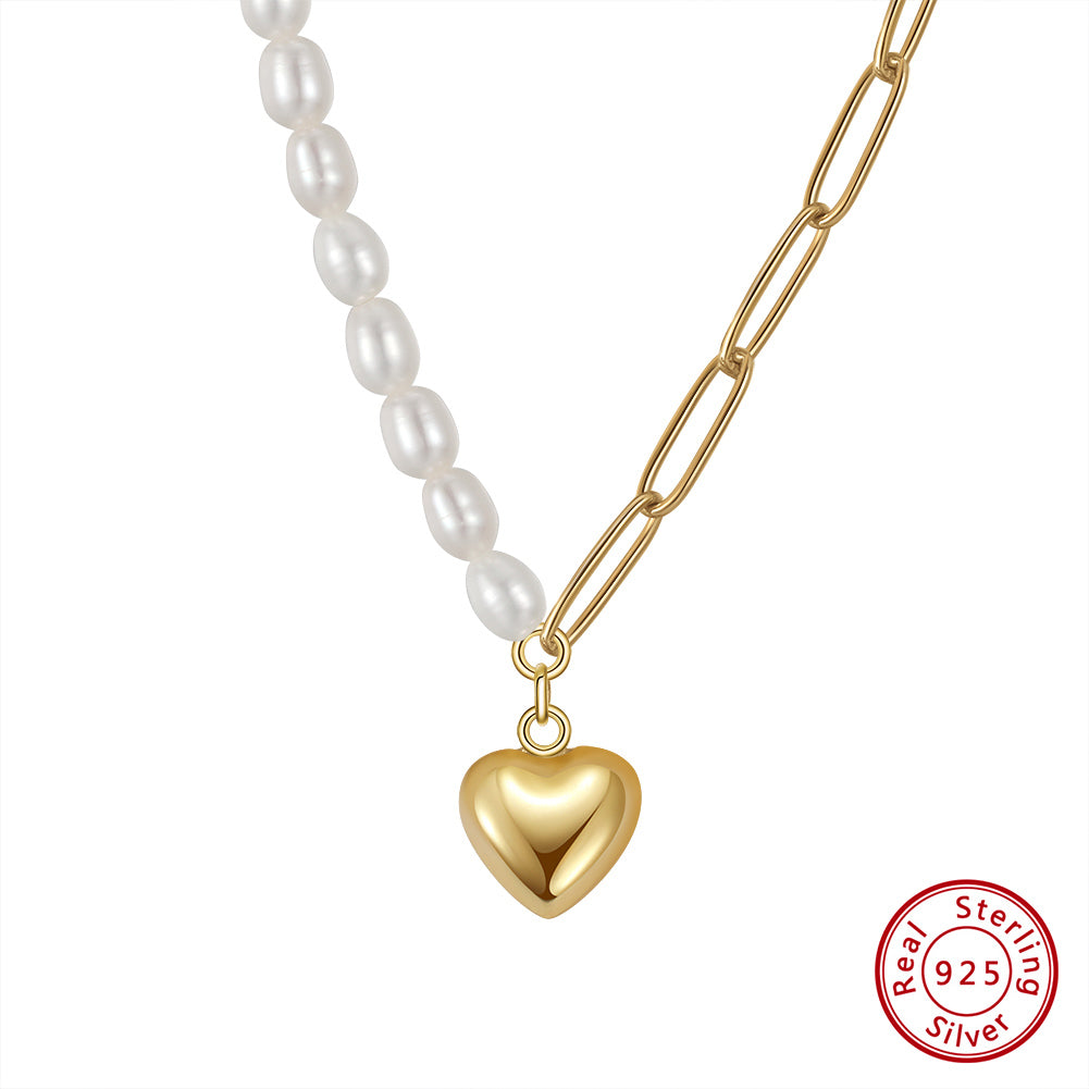 Half Pearl, Half Chain Necklace with Gold Heart Pendant