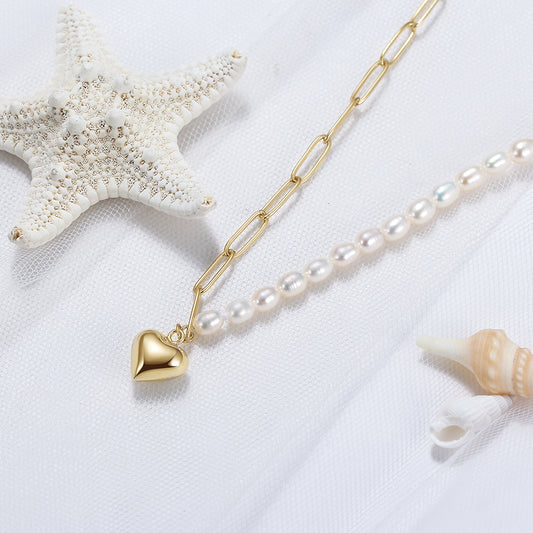 Half Pearl, Half Chain Necklace with Gold Heart Pendant
