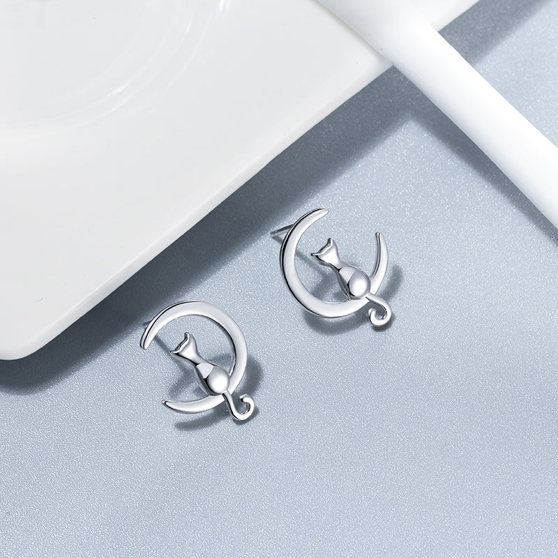 Cat on Moon Stud Earrings