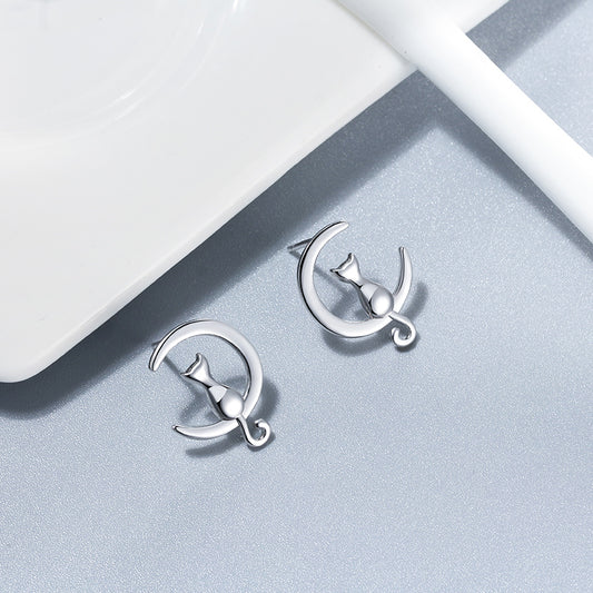 Cat on Moon Stud Earrings