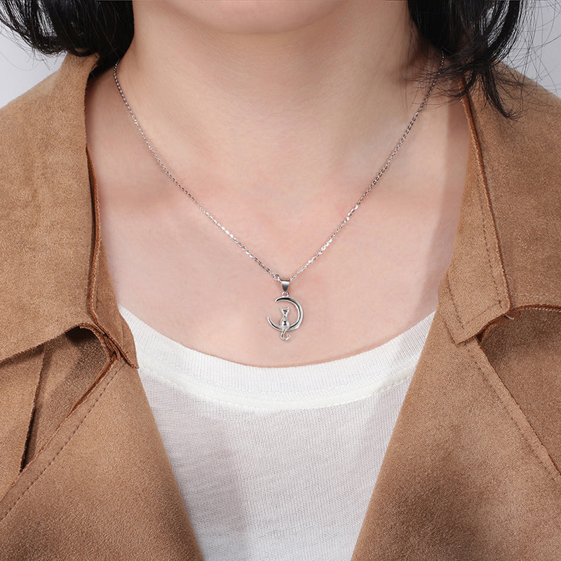 Cat on Crescent Moon Pendant Necklace