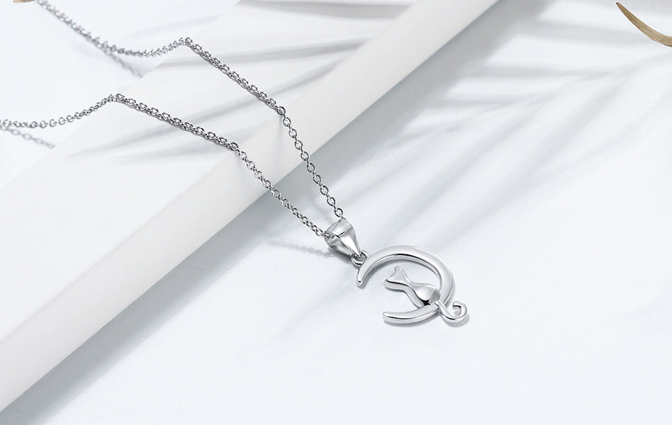 Cat on Crescent Moon Pendant Necklace
