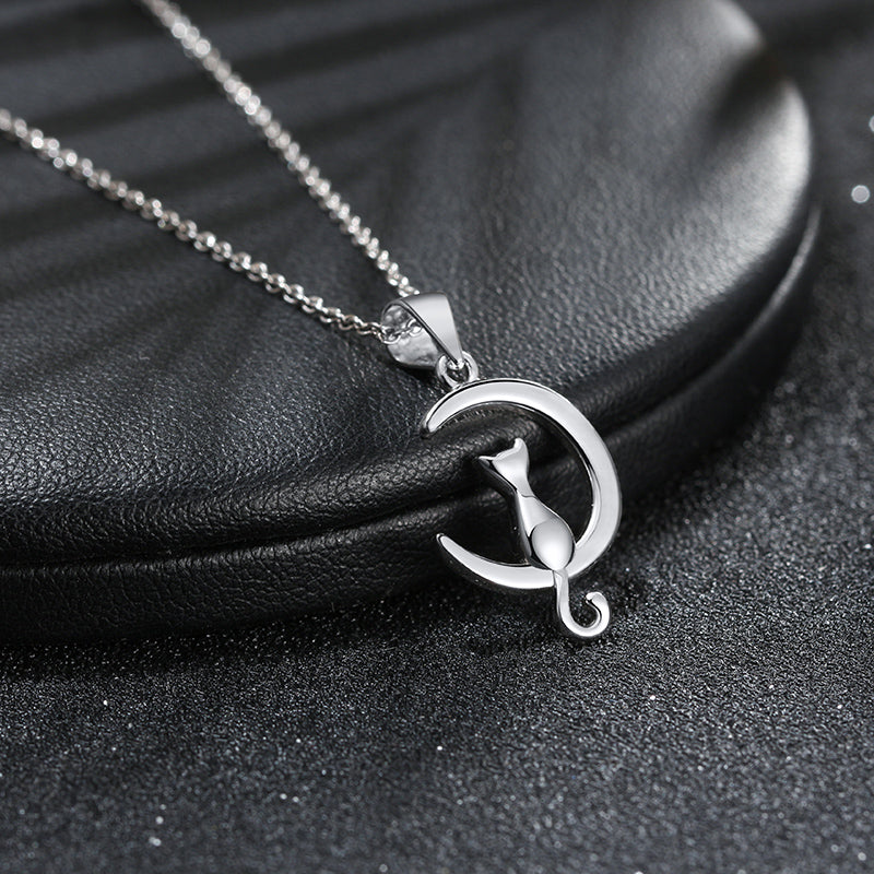Cat on Crescent Moon Pendant Necklace