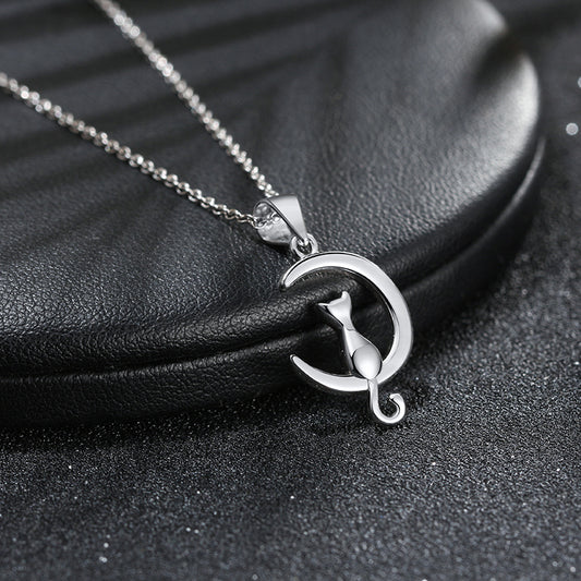 Cat on Crescent Moon Pendant Necklace